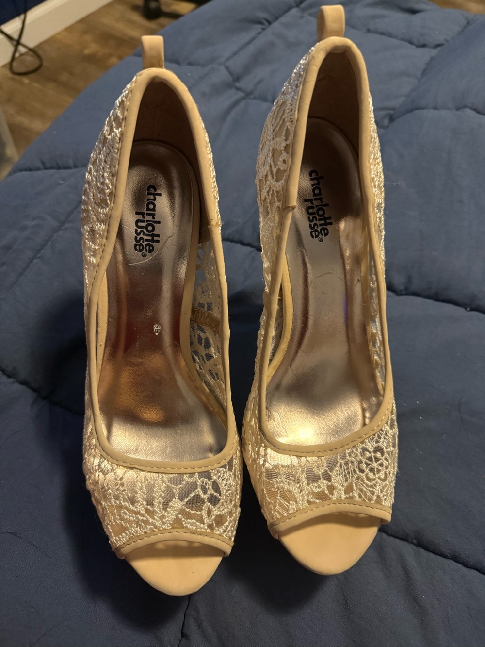 Charlotte Russe Cream Lace Peep-Toe Heels